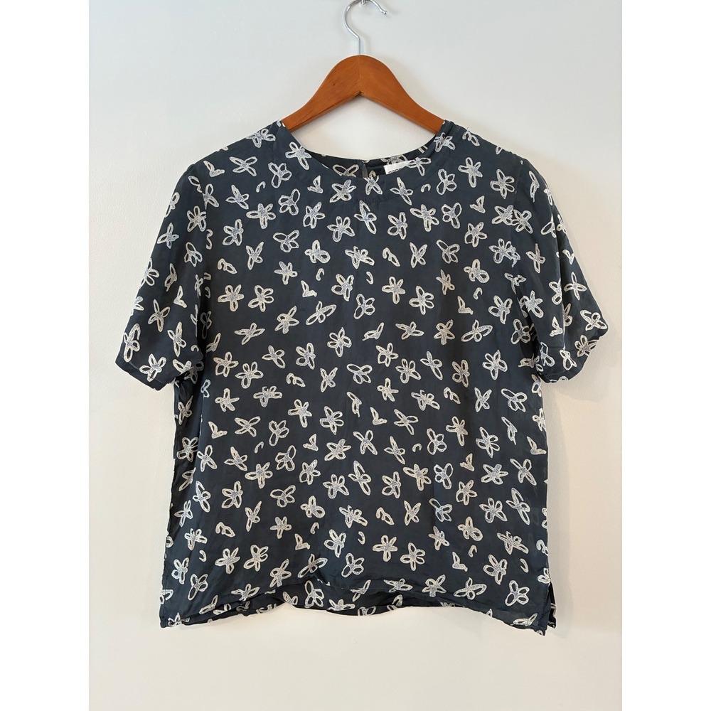 Nancy Crystal Womens Navy Blue 100% Silk Abstract Floral Short Sleeve Blouse M